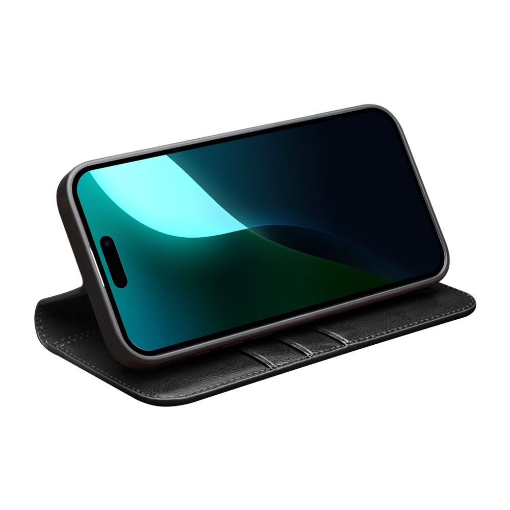 iPhone 16 Echtleder Tasche Flip Wallet Cover mit Kartenfächer - Schwarz