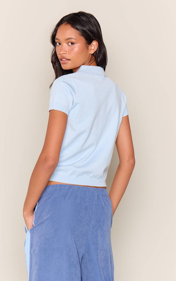 Bleu Haut Polo Tricoté Court Avec Poche Détail