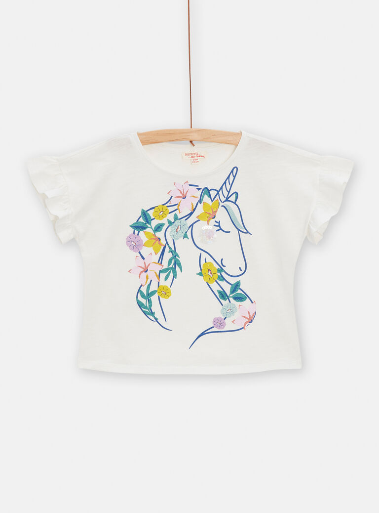 T-shirt écru animation licorne avec fleurs pour fille