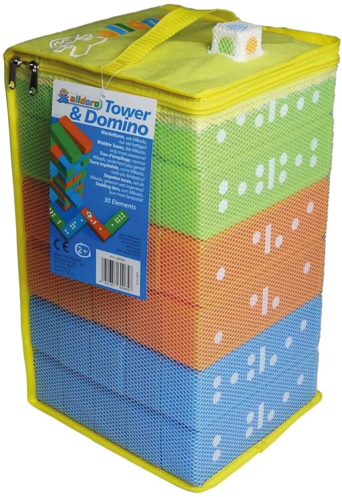 alldoro - Tower und Domino 2 in 1, Wackelturm und Domino Spielset, 30 Bausteine, 1 Würfel, in praktischer Aufbewahrungst
