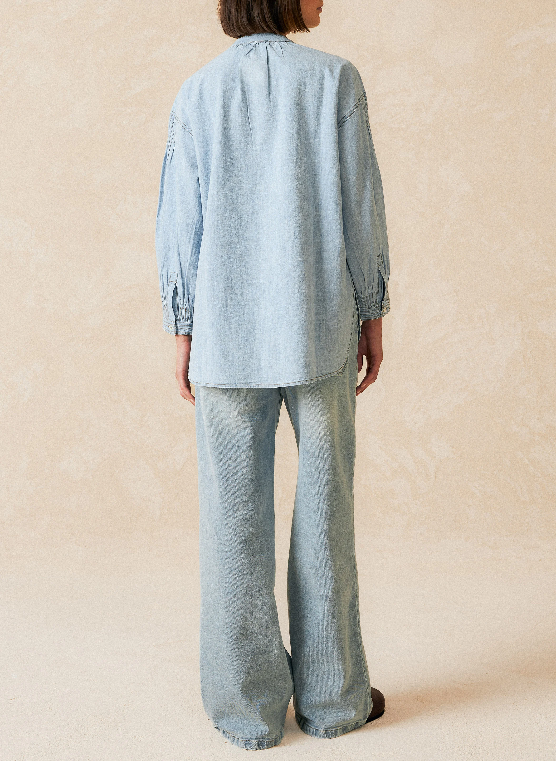 Chemise ample col rond en denim | Bleu