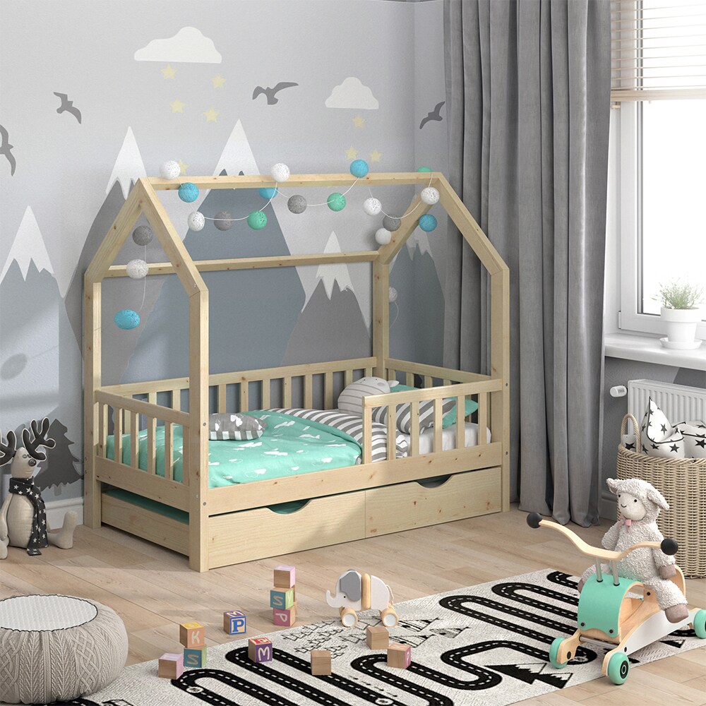 VitaliSpa Kinderbett Hausbett Gästebett Wiki Natur 80x160cm Schublade Lattenrost
