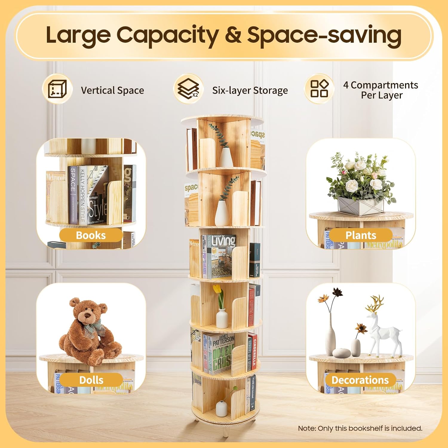 6 Ebenen Drehbares Bücherregal 360 ° Massivholz Bodenstehendes Bücherregal Multifunktional Standregal für Kinder und Erwachsene 50KG Tragkraft Pro Etage Holz Regal für Büchern, Fotorahmen