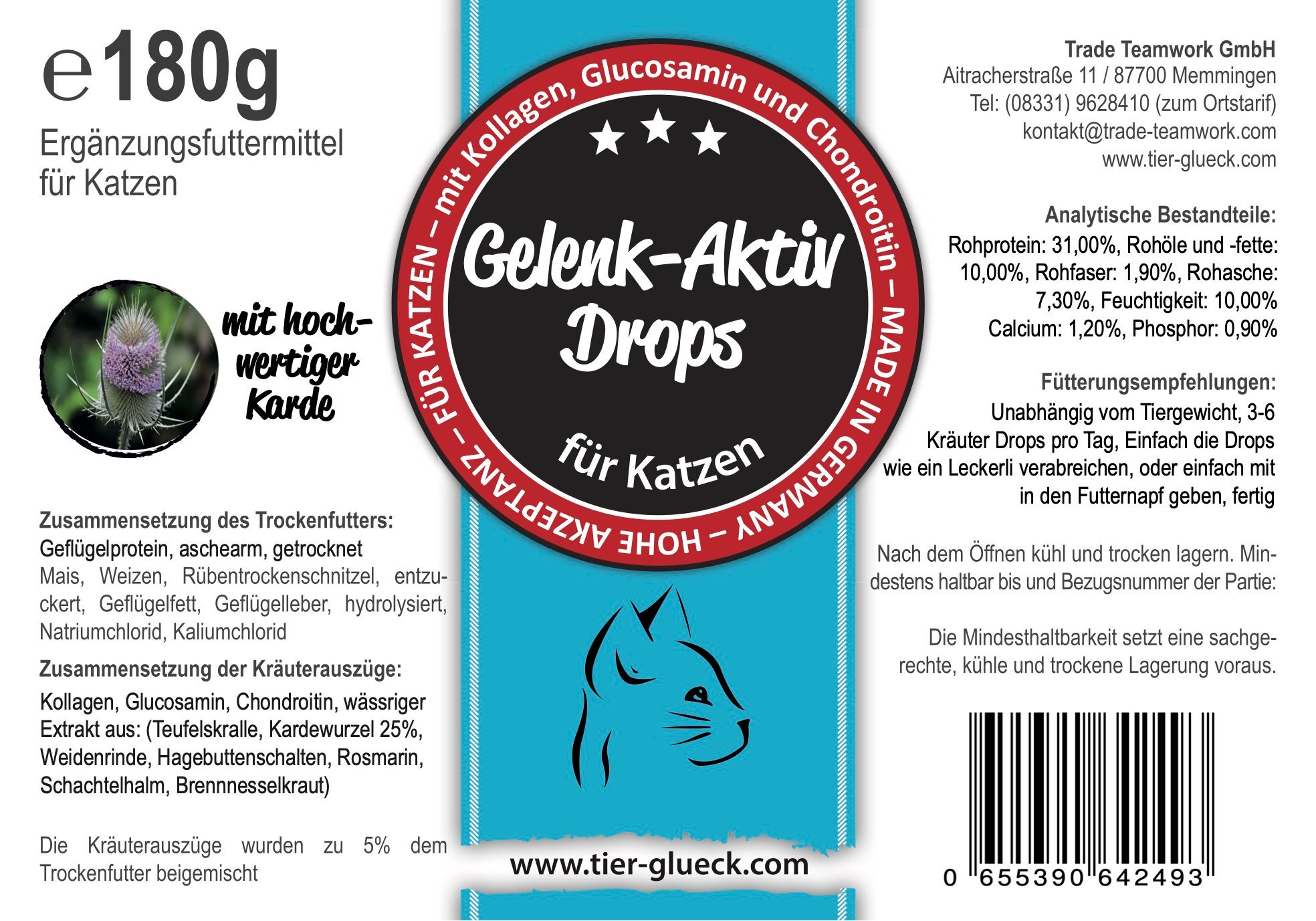 TierGlück Gelenkerli Drops mit Karde, Glucosamin & Chondroitin für Katzen
