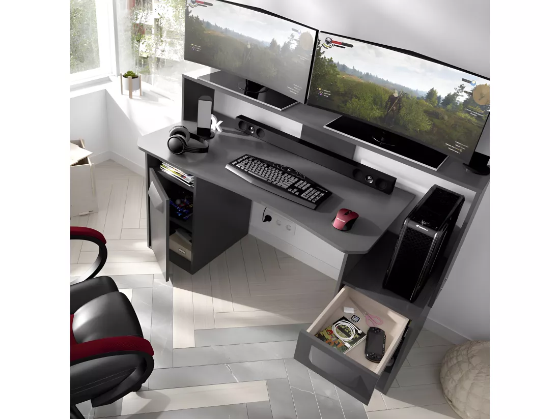 Bureau Gaming Table de jeu coloris graphite - Longueur 153,5 x Profondeur 62-68.5 x Hauteur 84.2-97 cm