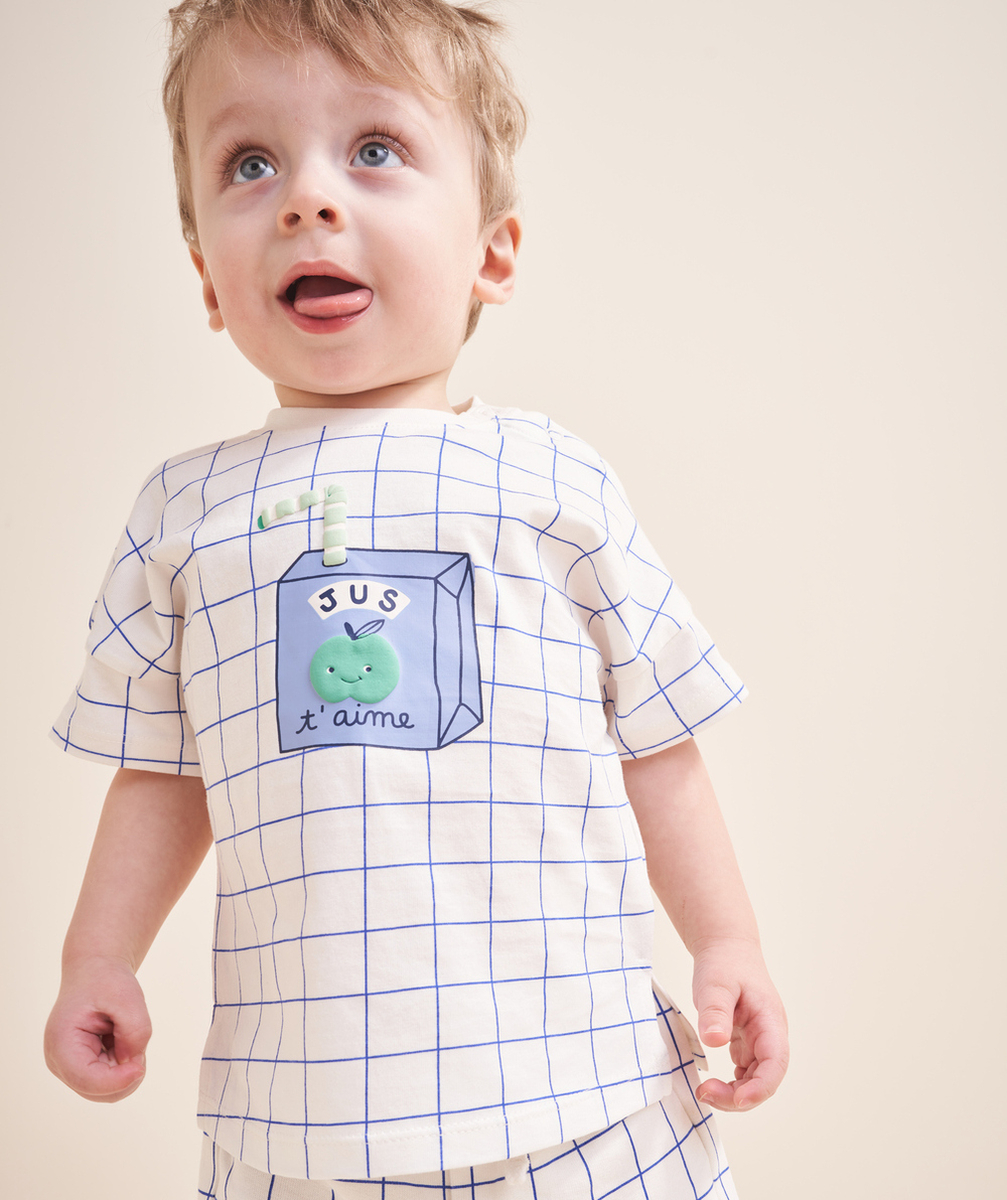 t-shirt bébé garçon en coton bio blanc à carreaux avec motif jus