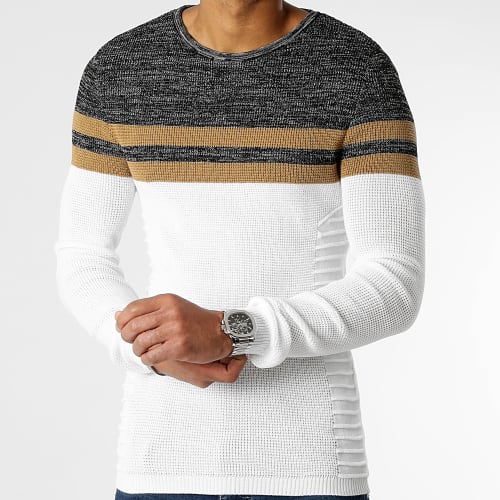 Pull Tricolore 0079 Noir Chiné Camel Blanc