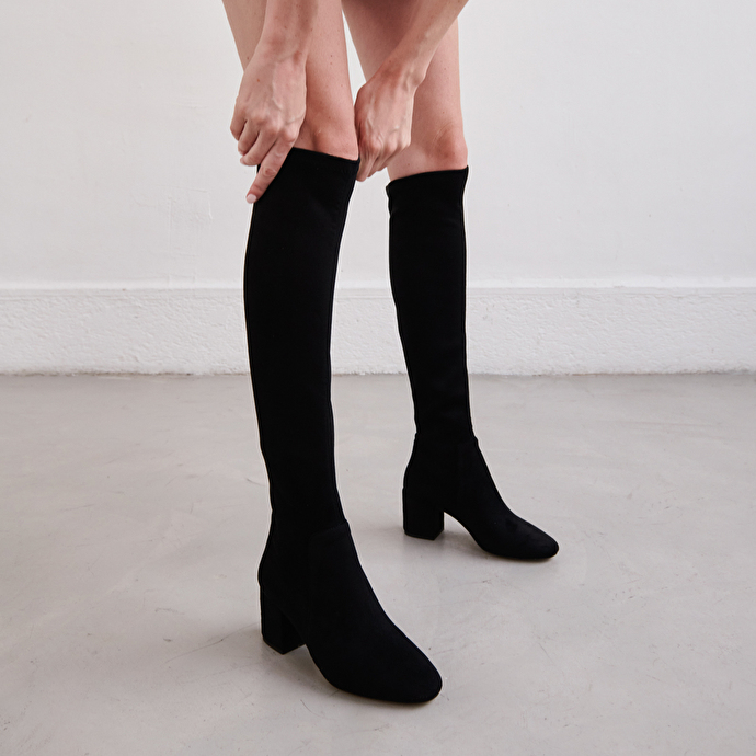 Cuissardes à petits talons  en velours et stretch noir