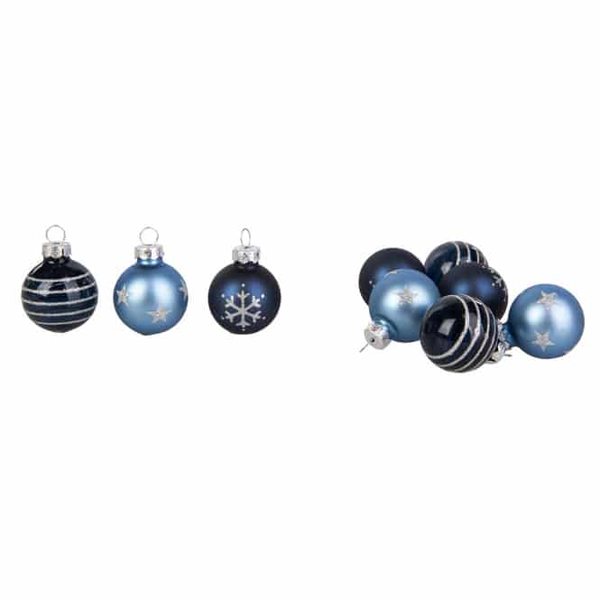 Christbaumkugeln aus Glas - Sterne/Schneeflocken/Streifen - blau/silber - ca. 3 cm - 9 Stück