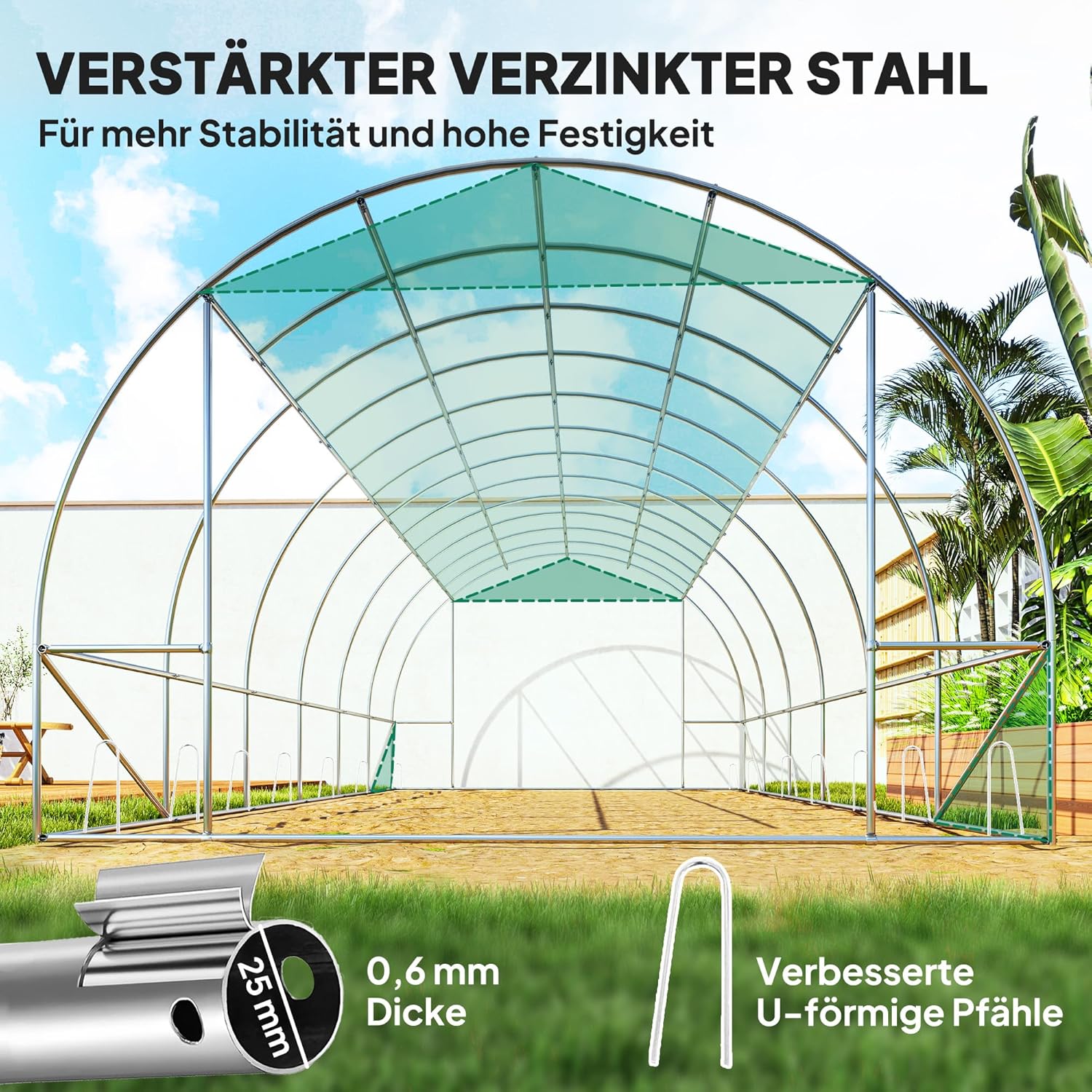 Outsunny Gewächshaus 300x600x200cm Foliengewächshaus Tomatenhaus mit Tür, 12 Fenster, Folientunnel aus verzinktem Stahl, 170g/m² PE, stabiles pflanztunnel, Treibhaus inkl. Erdanker & Seilen, Grün