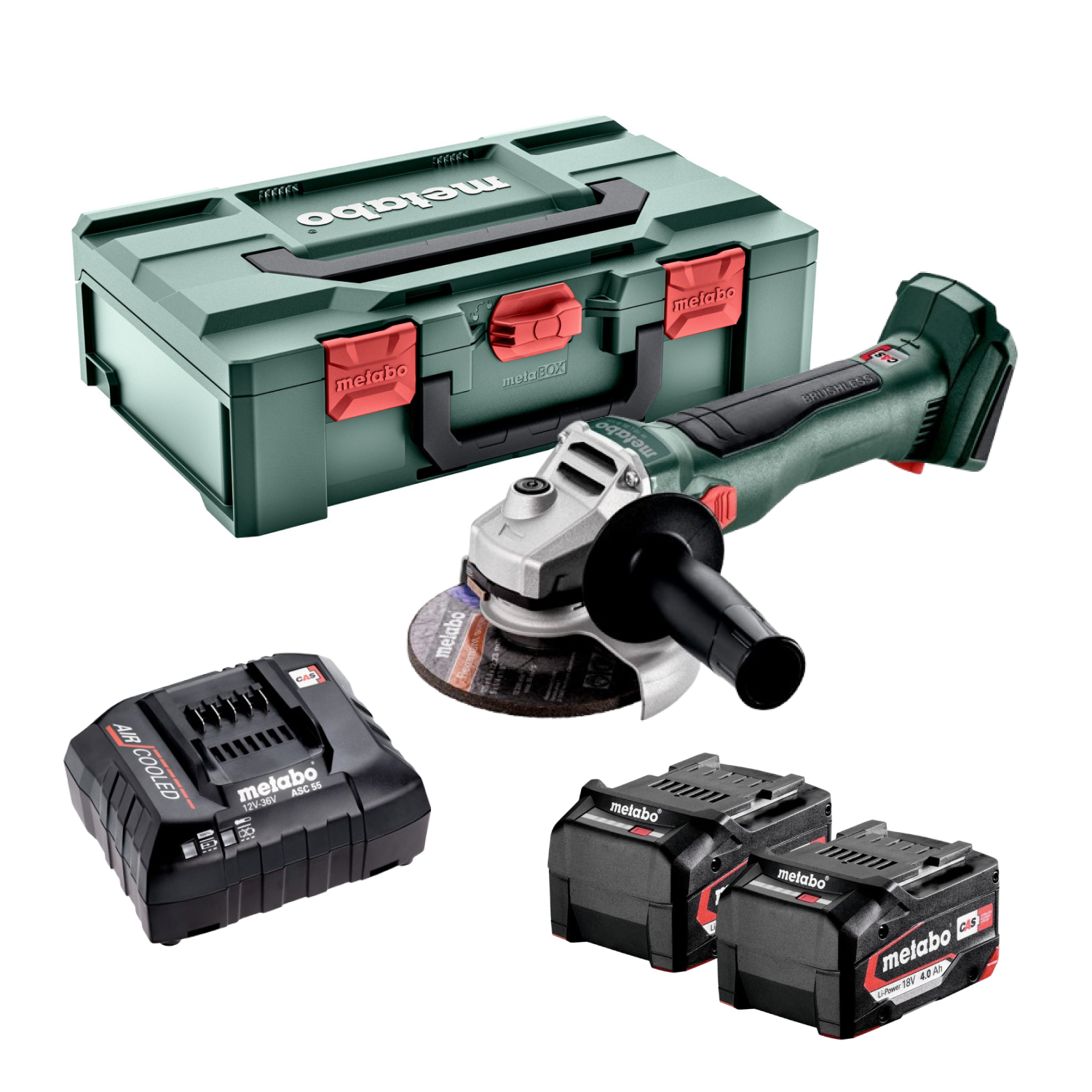 Metabo W 18 L BL 9-125 18V Li-Ion accu haakse slijper set (2x 4,0 Ah) in Metabox - 125mm
