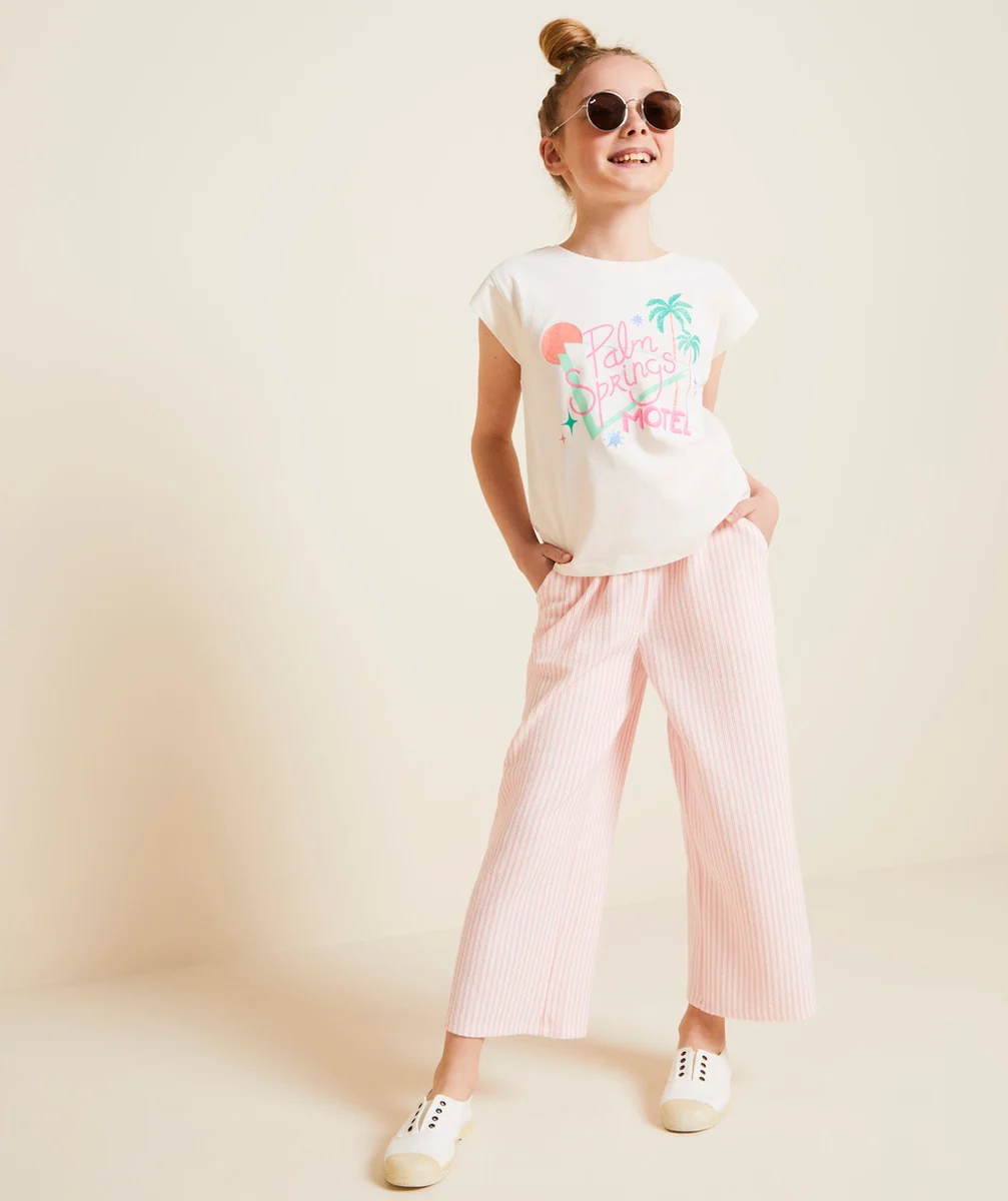 pantalon large fille en fibre recyclées rayé rose pâle et blanc