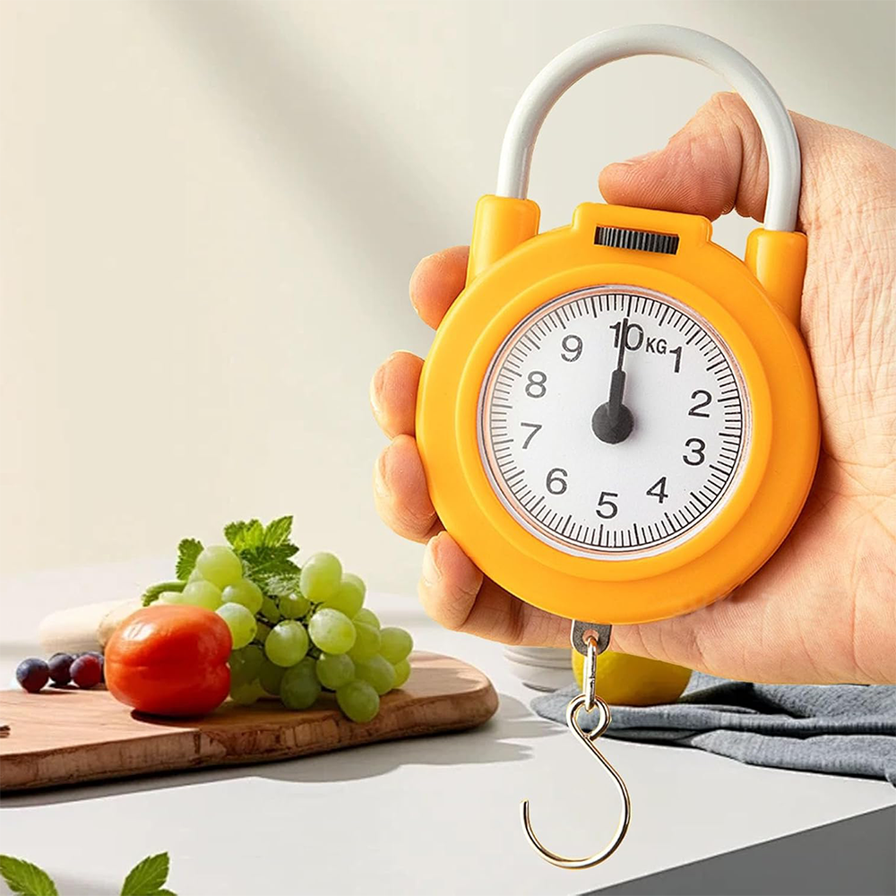 (Ø8cm) Mechanische Zugfederwaage Tragbare Hänge Waage bis 10 kg Gewicht mit Haken für Küche / Shopping / Reisen - Gelb