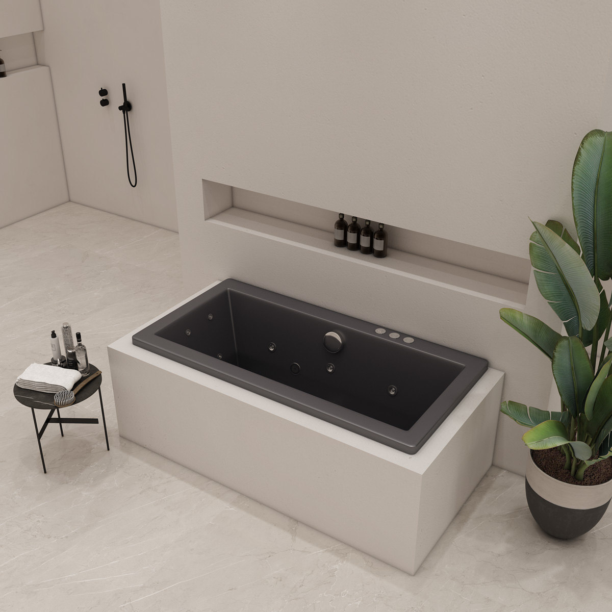 Xenz Society inbouw bubbelbad 180x80cm zwart mat pneumatisch 6 4 2 hydro en 12 aerojets chroom