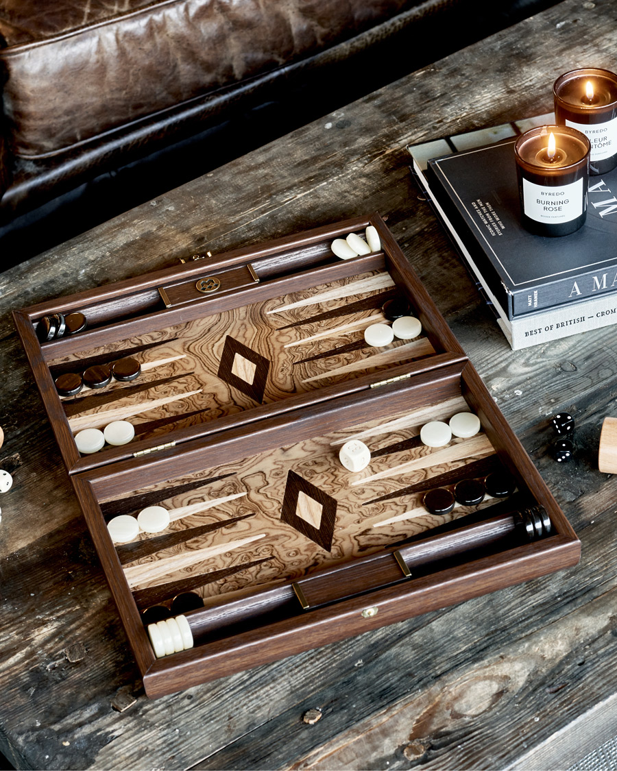 Manopoulos Walnut Burl Small Backgammon With Side Racks