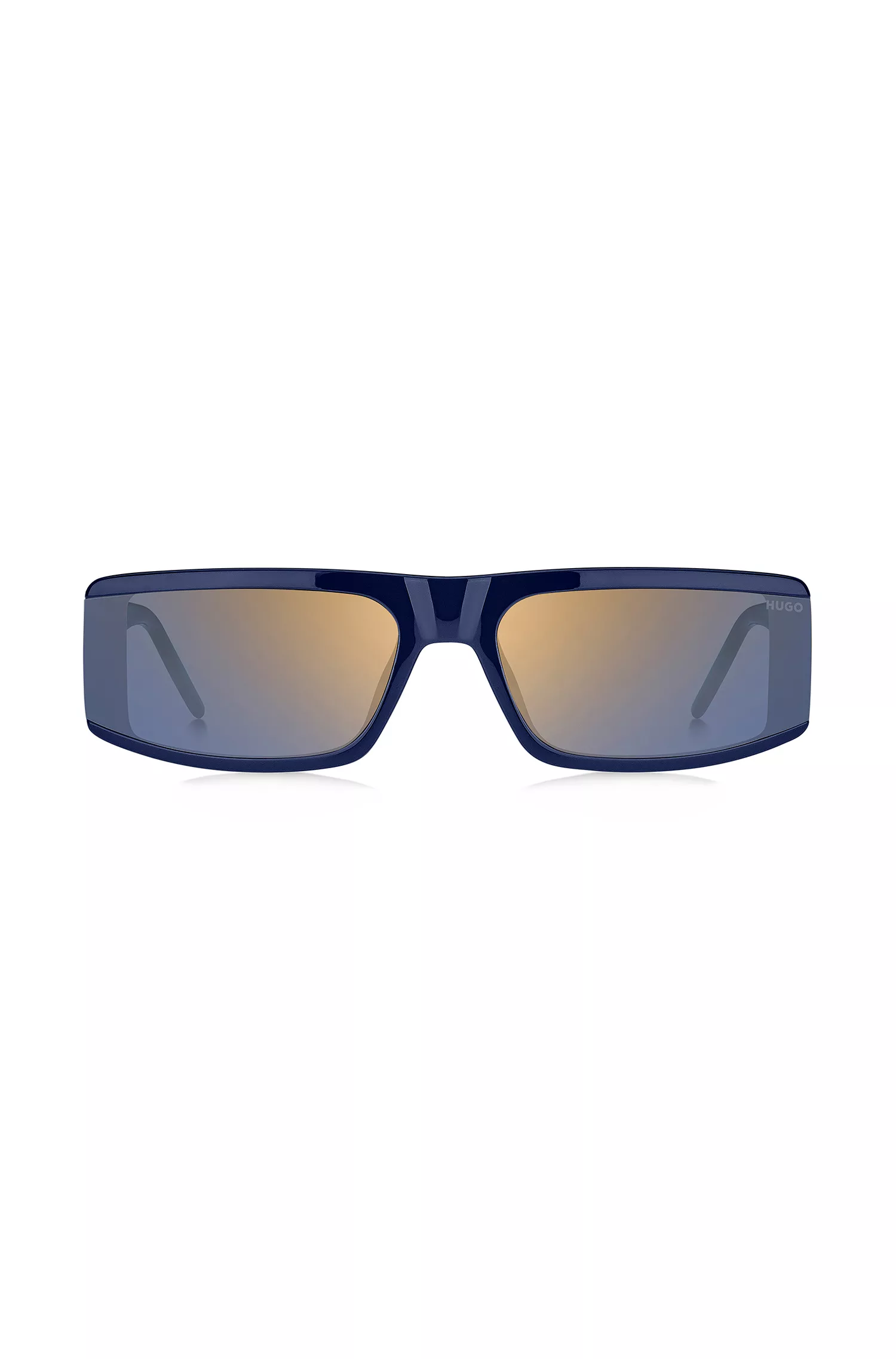 Óculos de sol HUGO estilo máscara em acetato vermelho e azul com logotipo na haste.