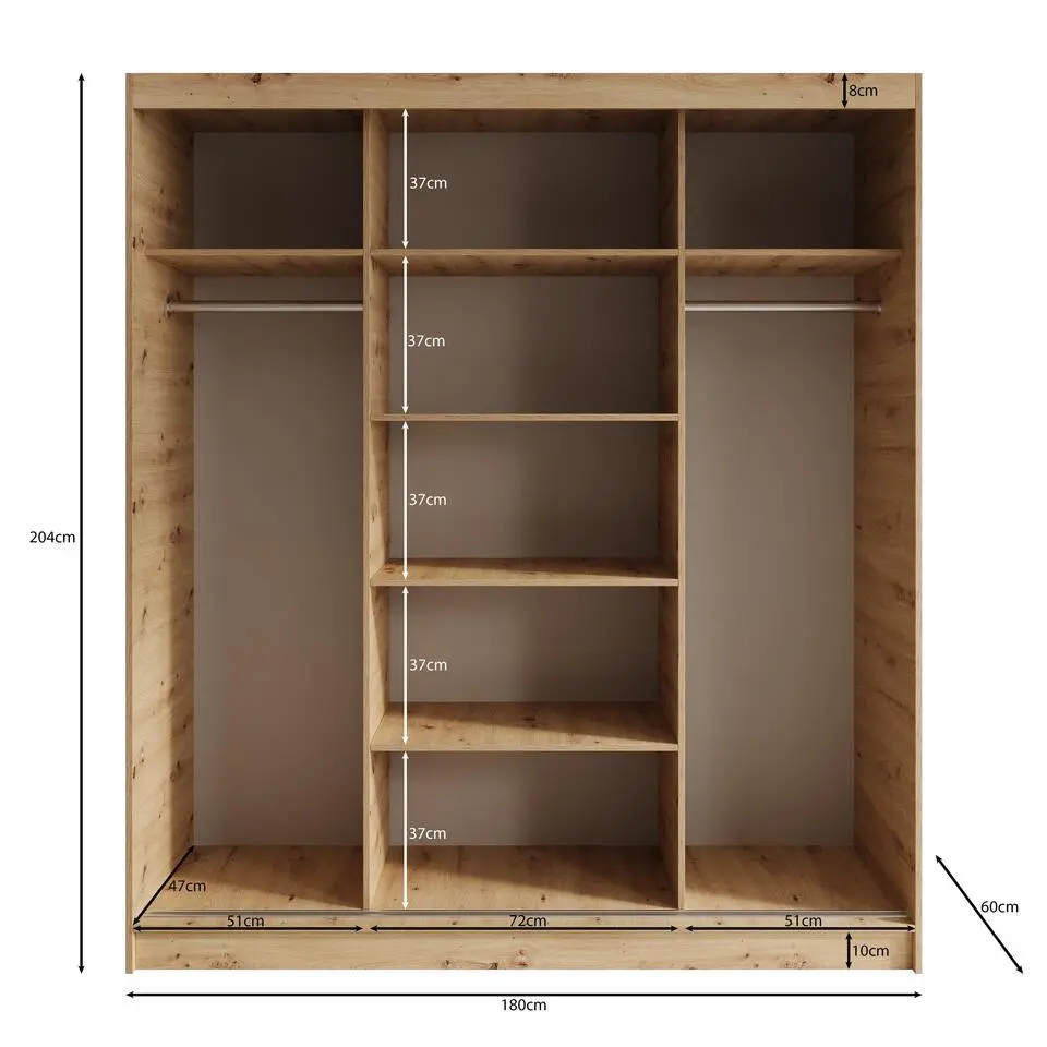 Meubella - Elles - Kledingkast met 3 schuifdeuren - Eiken - 180x60x204 cm