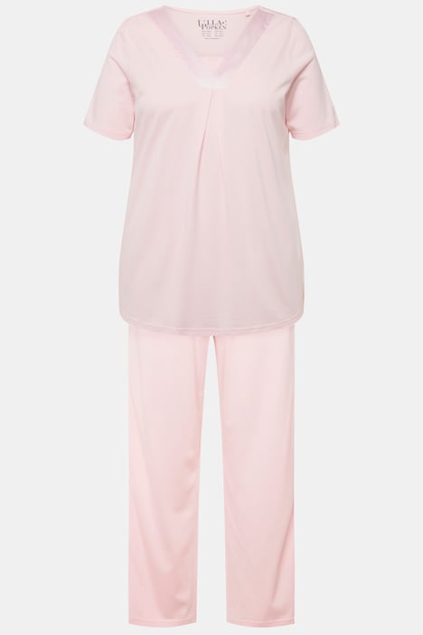 Pyjama, Satindetails, V-Ausschnitt, Halbarm