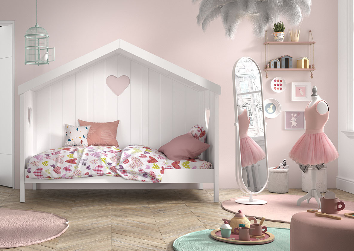 Hausbett AMORI - weiß - teilmassiv - Dachaufbau - mit Rückwand - 90x200 cm