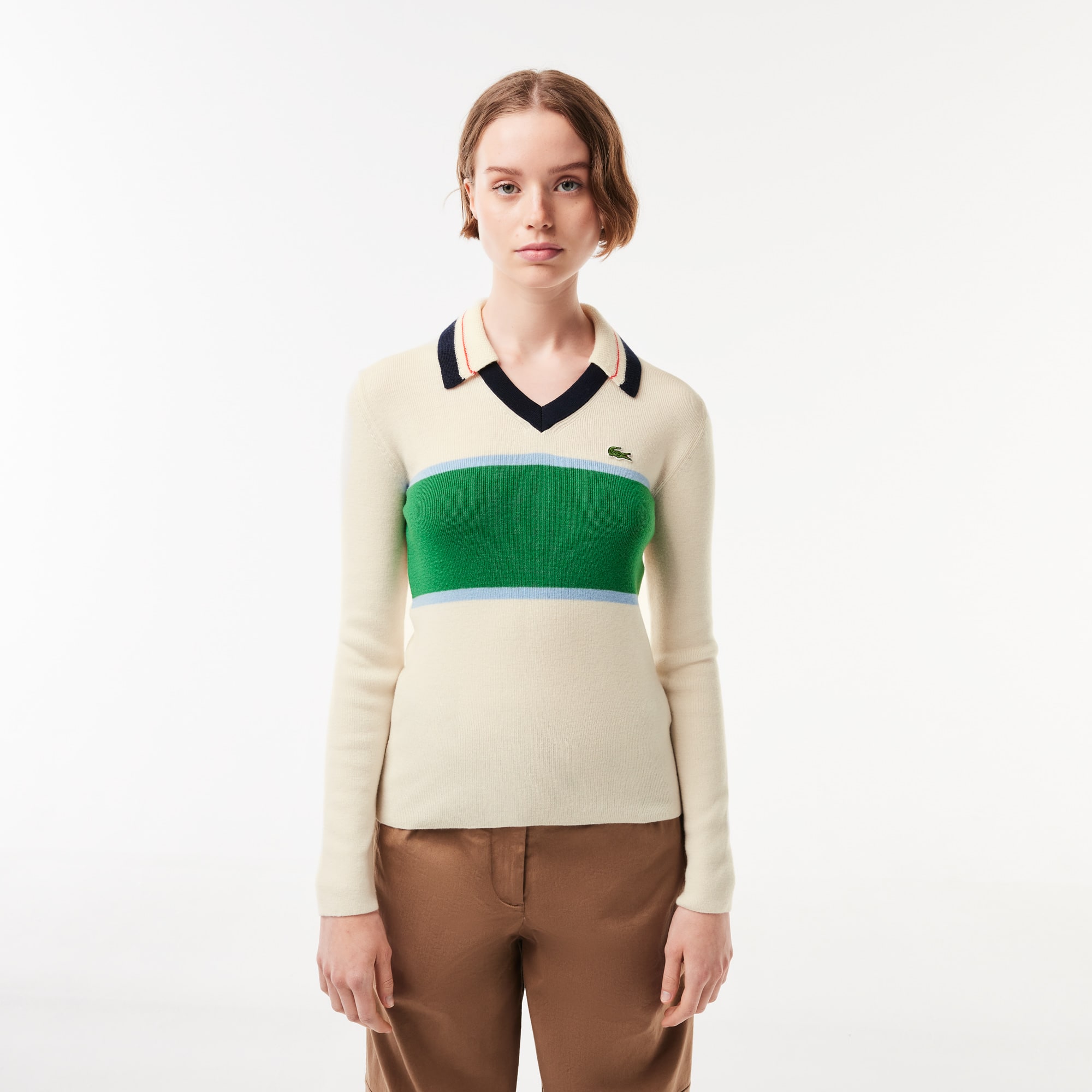 Pull col polo héritage fabriqué en France en maille côtelée Pullovers - Blanc - Lacoste - Femme