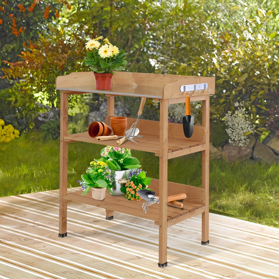 Outsunny Gärtnertisch mit Metall-Arbeitsfläche natur