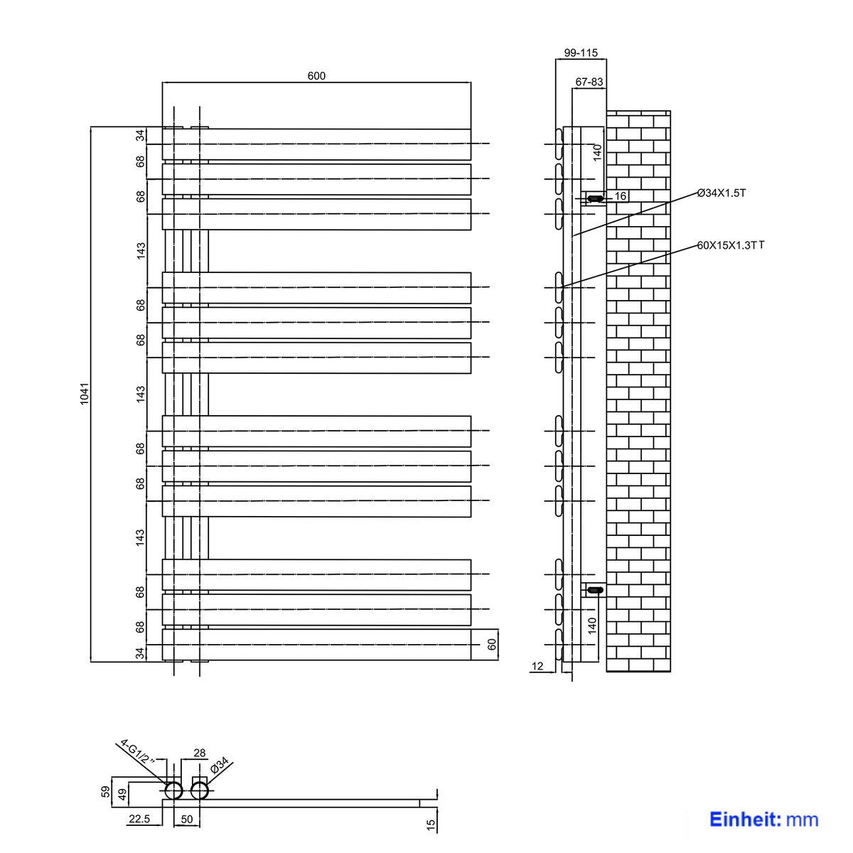 EMKE Badkamerradiator Plat 1041x600 mm Wit, Handdoekwarmer voor Badkamer Handdoekdroger, Paneel Handdoekhouder Zijaansluiting voor Water 639W
