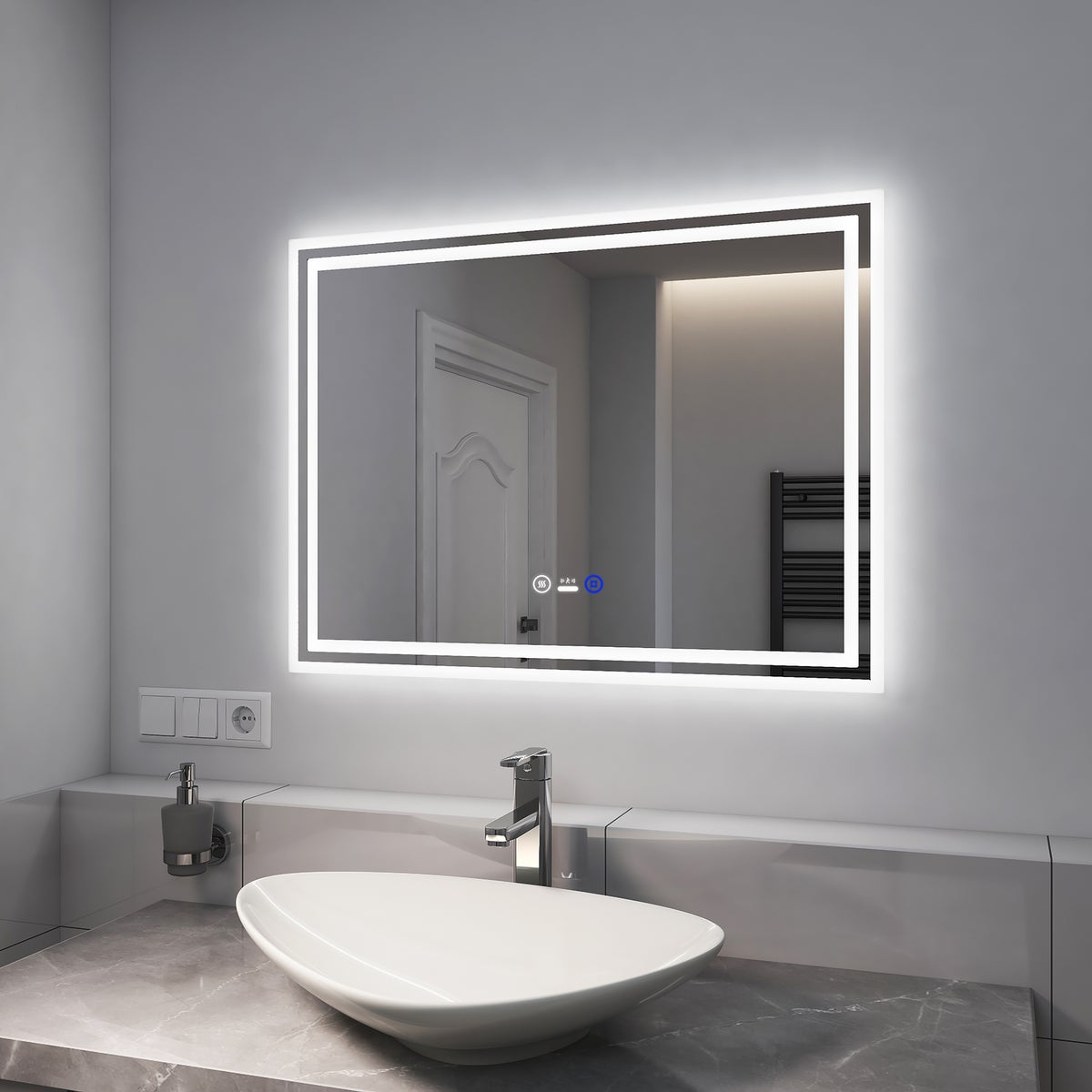 EMKE Badkamerspiegel met verlichting, LED-spiegel met aanraakschakelaar en sensor, anti-condens, 80 x 60 cm, koud wit/warm wit/neutraal wit