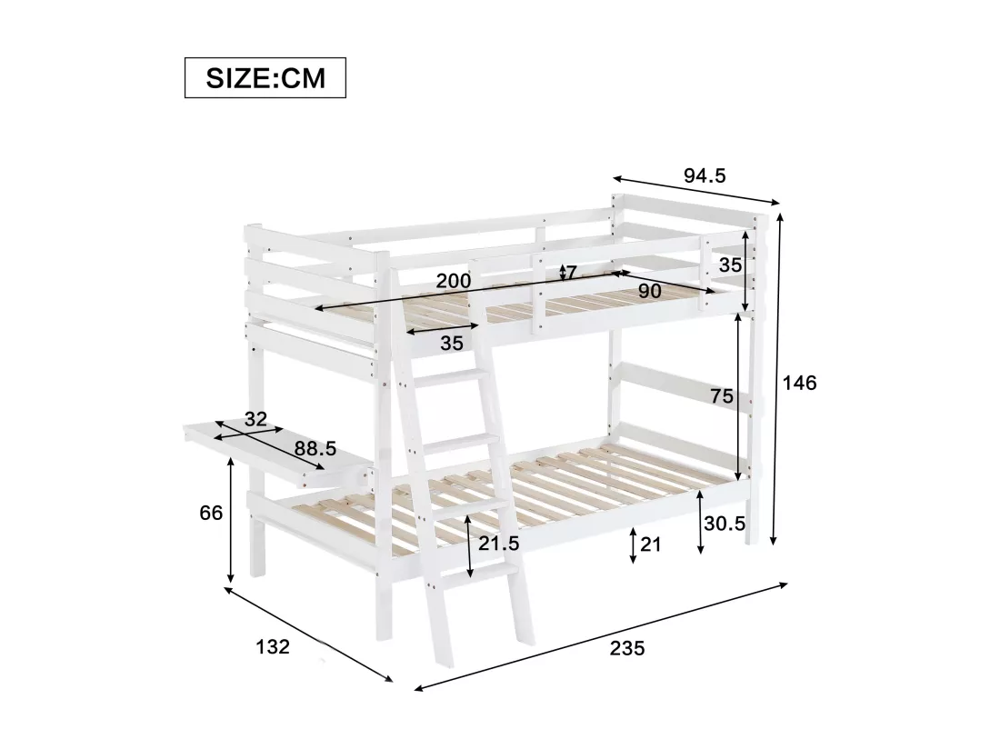 Lit superposé 90x200cm en bois - avec une table pilante - Blanc