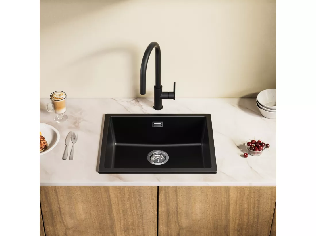 CECIPA MAX Evier 1 Bac en Quartz et Résine Noir Gris 55*44*20cm + Mitigeur de Cuisine avec Douchette Extractible avec 2 Types de Jet