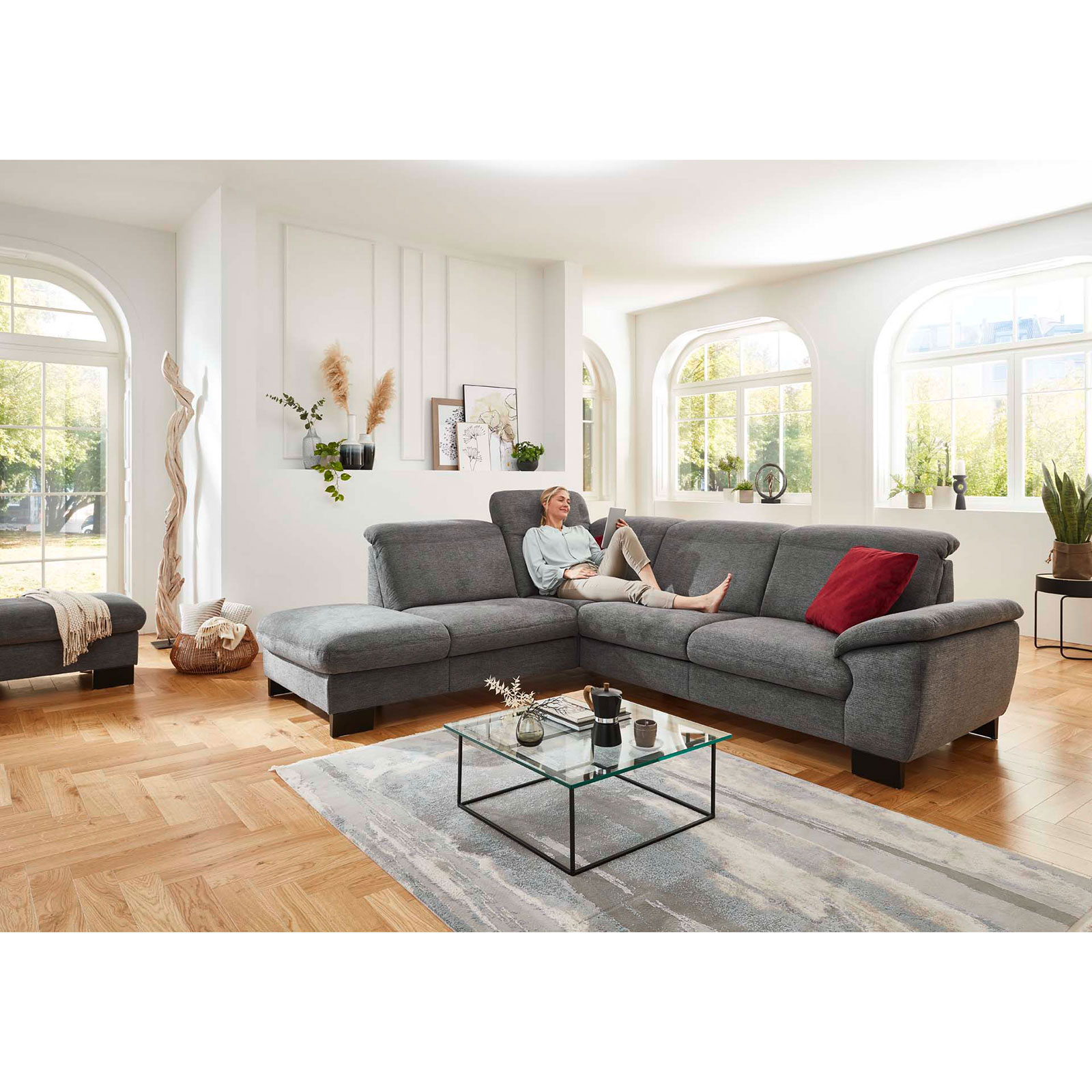 polsterpower Ecksofa - anthrazit - mit Funktionen - Anstellhocker links