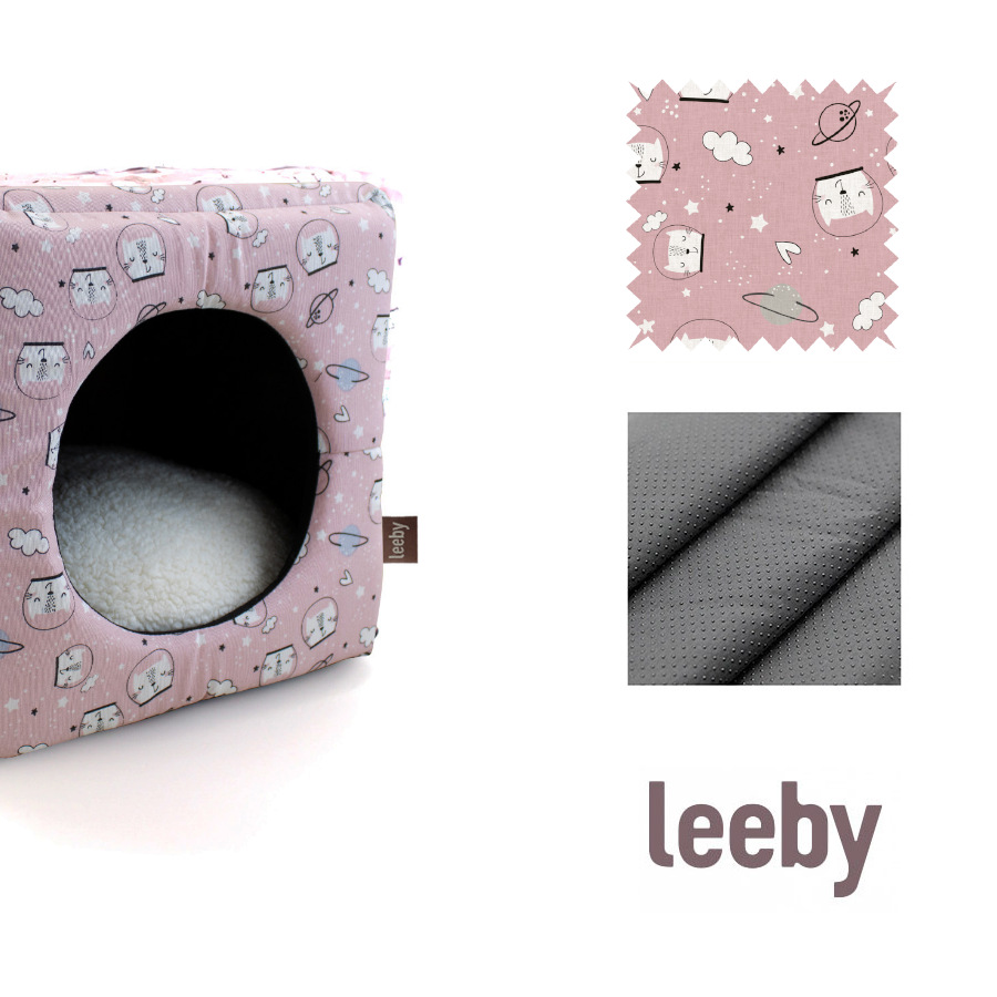 Cama em forma de caverna com estampa de quadrinhos rosa da Leeby para gatos.