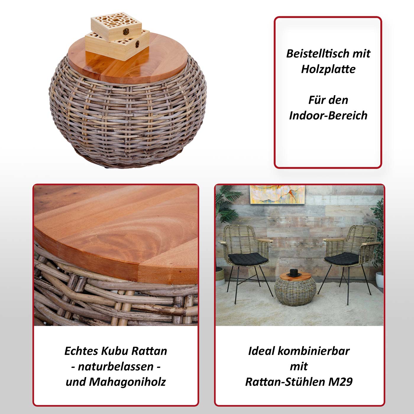 Beistelltisch MCW-M30, Rattantisch Blumentisch Kaffeetisch Loungetisch Holztisch, rund 33x49x49cm, Kubu Rattan natur