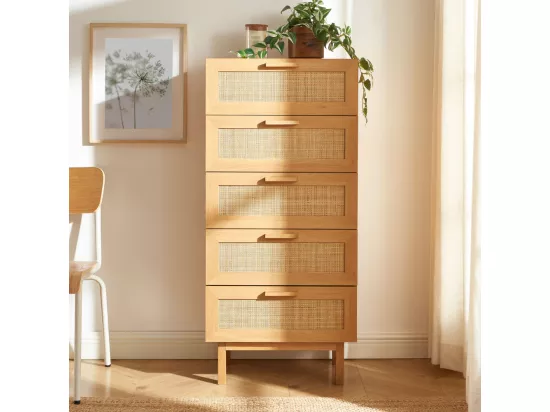 June - Commode 5 tiroirs en bois et cannage L60cm - Bois clair