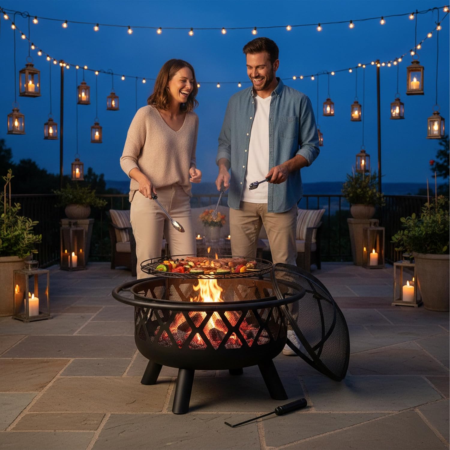Relaxdays Feuerschale mit Grillrost, Funkenschutz & Schürhaken, Ø 75 cm, Stahl, Feuerstelle Garten & Terrasse, schwarz, 68.5 x 75 x 75 cm