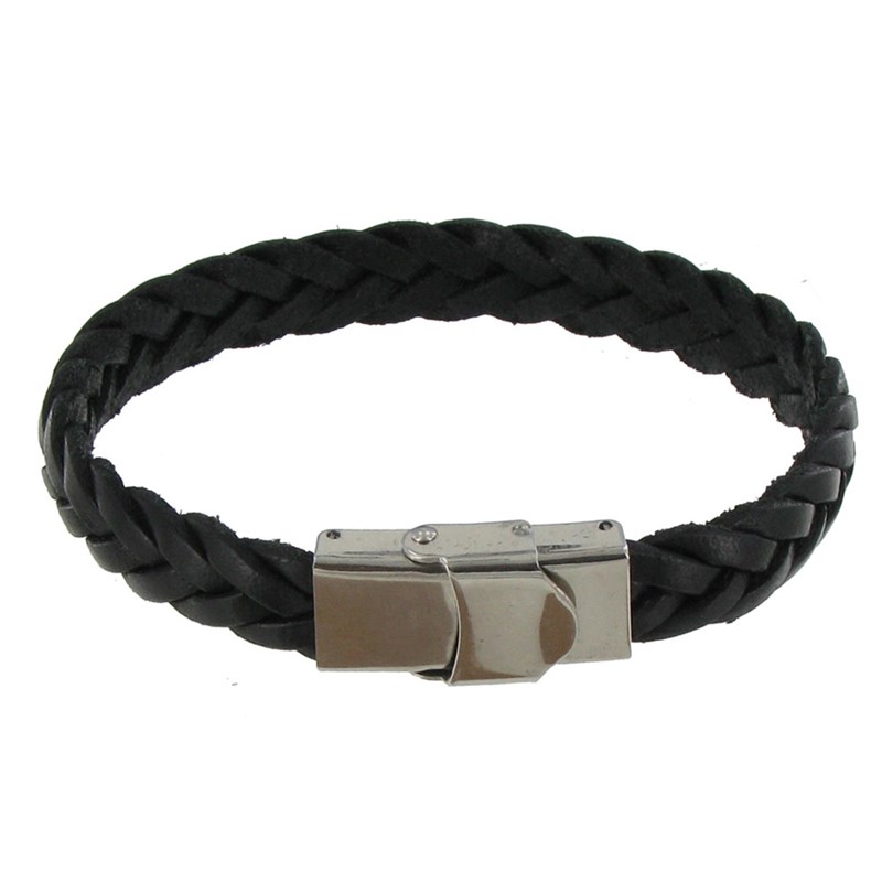 Bracelet Enfant Cuir Noir Tréssé Plat Fermoir Acier Inoxydable
