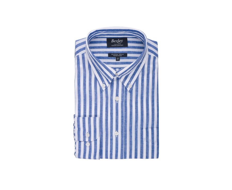 Chemise manches longues coton et lin Bleu Océan et Blanc - COLTEN