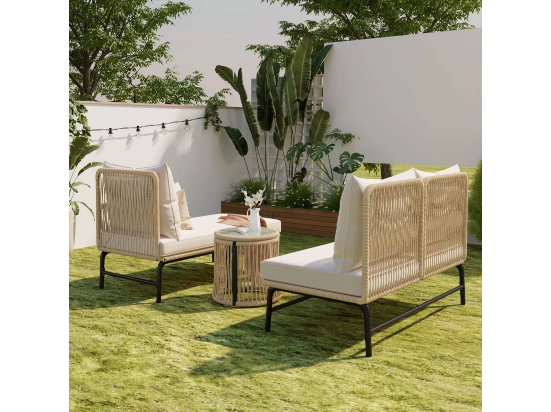 Salon de jardin en métal - avec coussins beige 8cm et dossier - Canapé 2 places + Méridienne droite + table basse