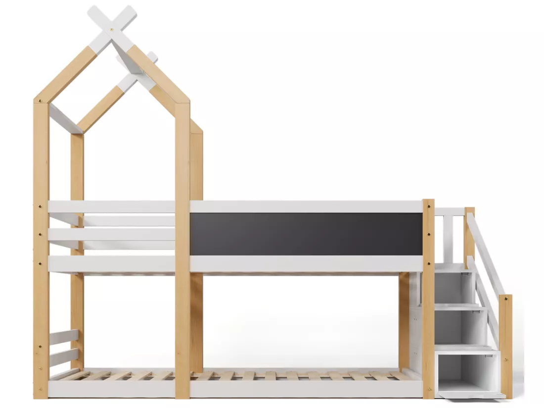 Lit superposé cabane 90x200cm avec escalier de rangement et un tableau noir - sommiers à lattes - Blanc