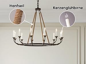 Homary Candlely 8-Light Rustikaler Kronleuchter, Eisen & Hanfseil Pendelleuchte Nautischer Stil Metall Kandelaber mit verstellbarer Kette, Vintage Bauernhaus Beleuchtung für Esszimmer & Foyer