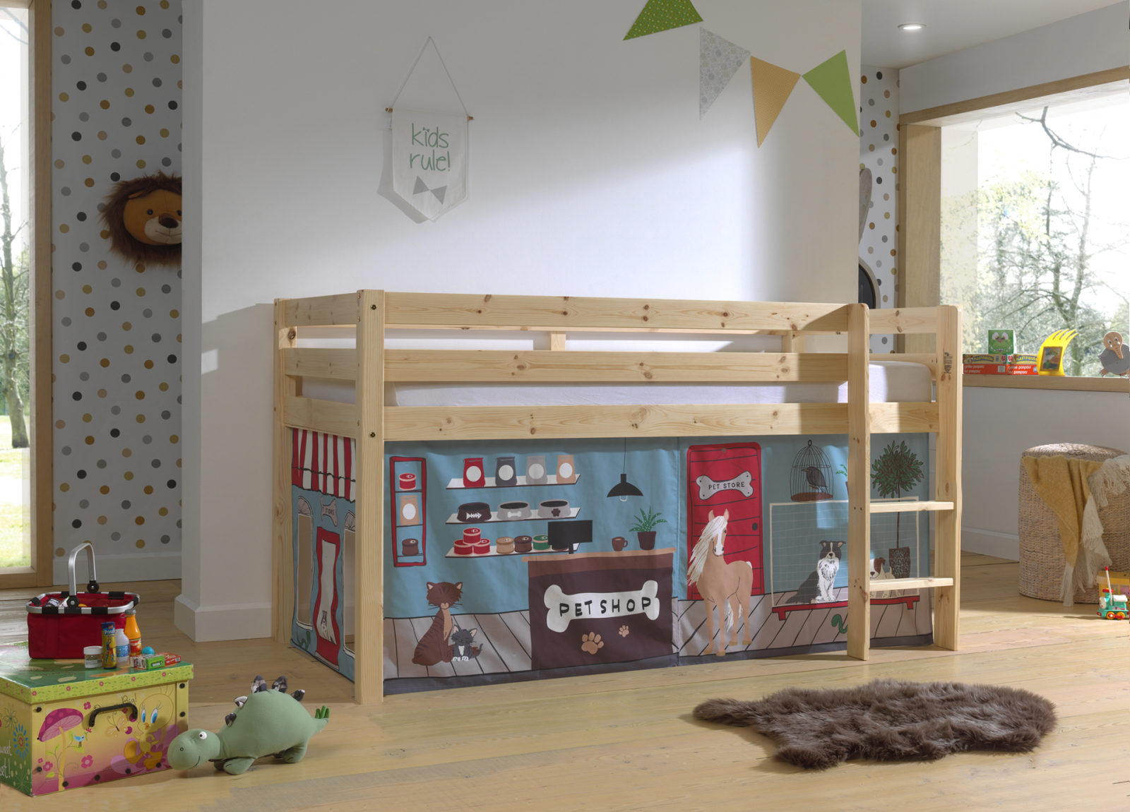 Hochbett PINO - Pet Shop - Kiefer natur lackiert - 90x200 cm