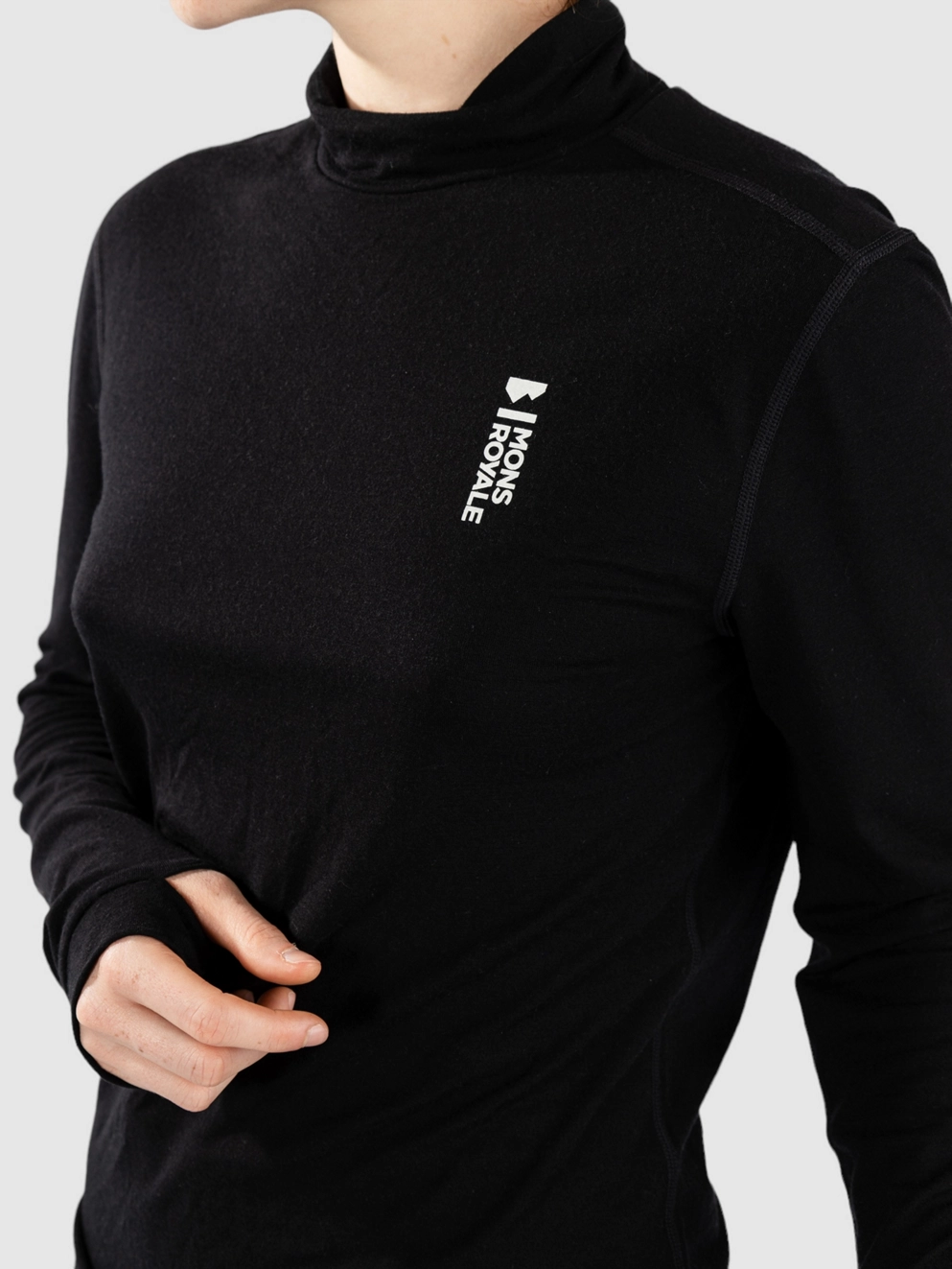 Mons Royale Merino Cascade Flex Mock Neck Base Layer Top black