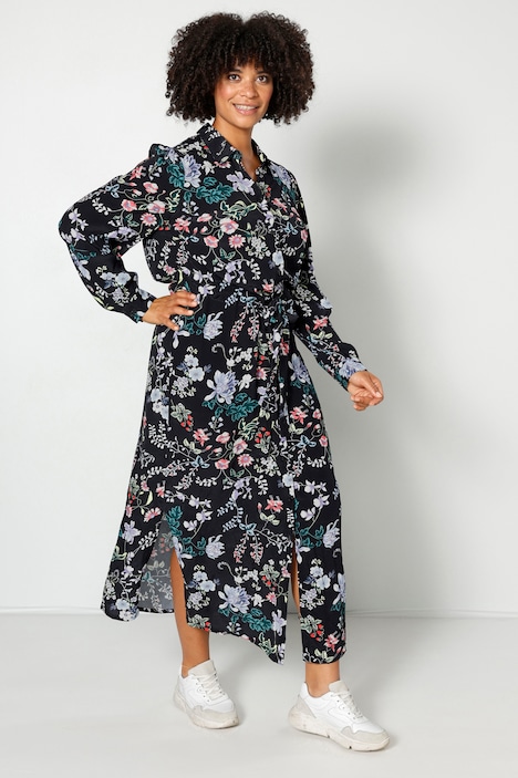 Maxikleid, A-Line, Blumenmuster, Hemdkragen, Bindeband, Langarm