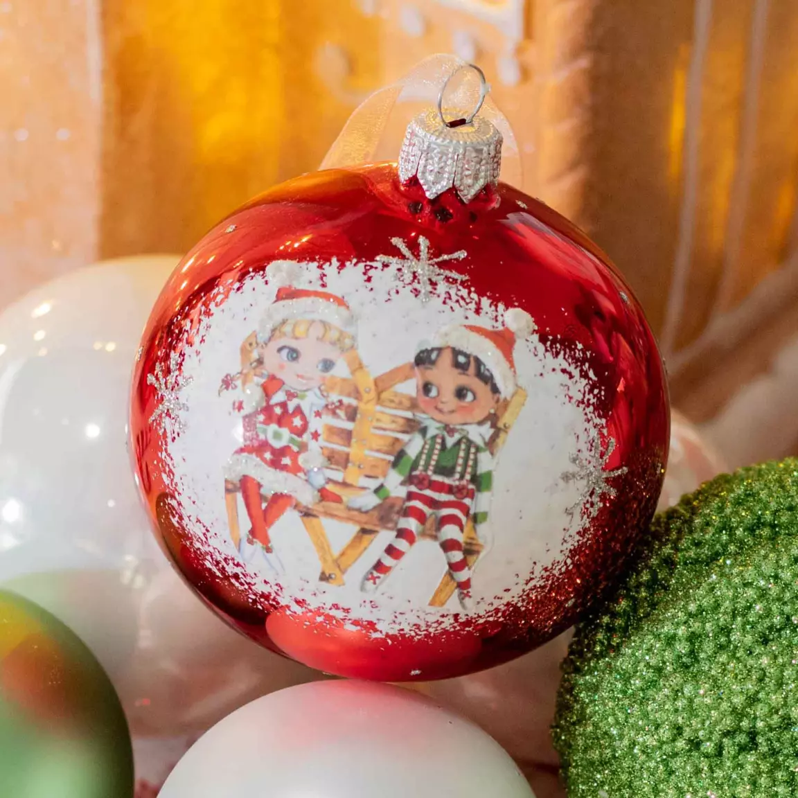Lot de 6 boules de Noël en verre (D80 mm) Chérubins Rouge