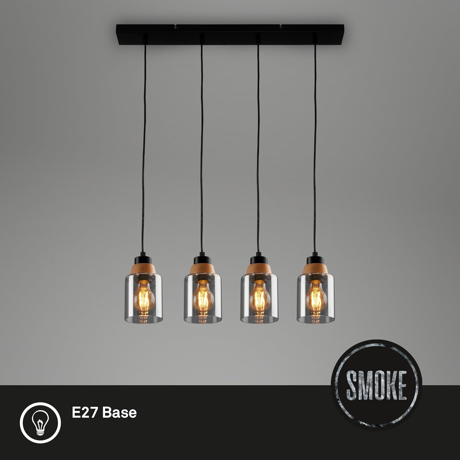BRILONER – 4-flammige Pendelleuchte, Rauchglas, Deckenlampe, Deckenleuchte, Lampe, Wohnzimmerlampe, Lampenschirm aus Rauchglas, Hängelampe, Kronleuchter, Schlafzimmerlampe, Schwarz-Holz
