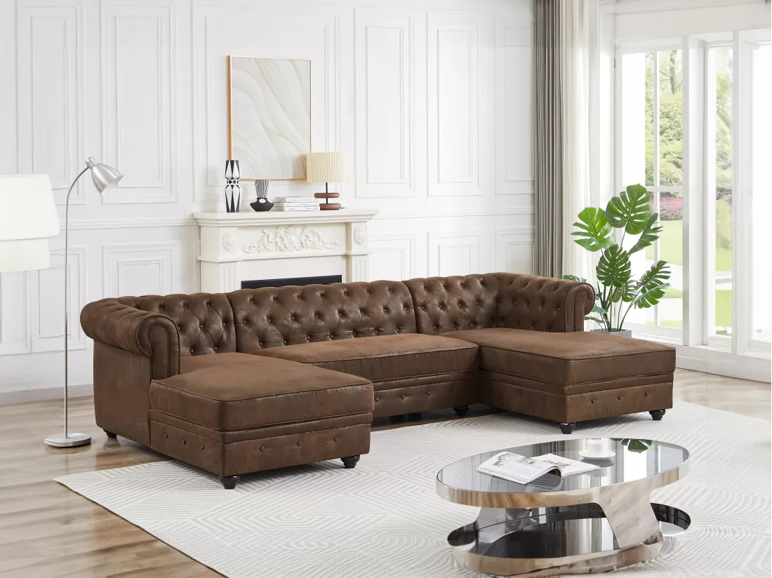 Canapé d'angle panoramique en microfibre aspect cuir vieilli CHESTERFIELD