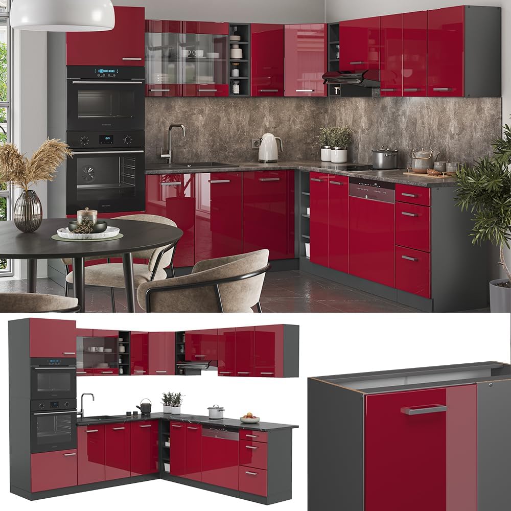 Vicco Eckküche R-Line, Rot Hochglanz/Anthrazit, 247 x 46 cm ohne Arbeitsplatte