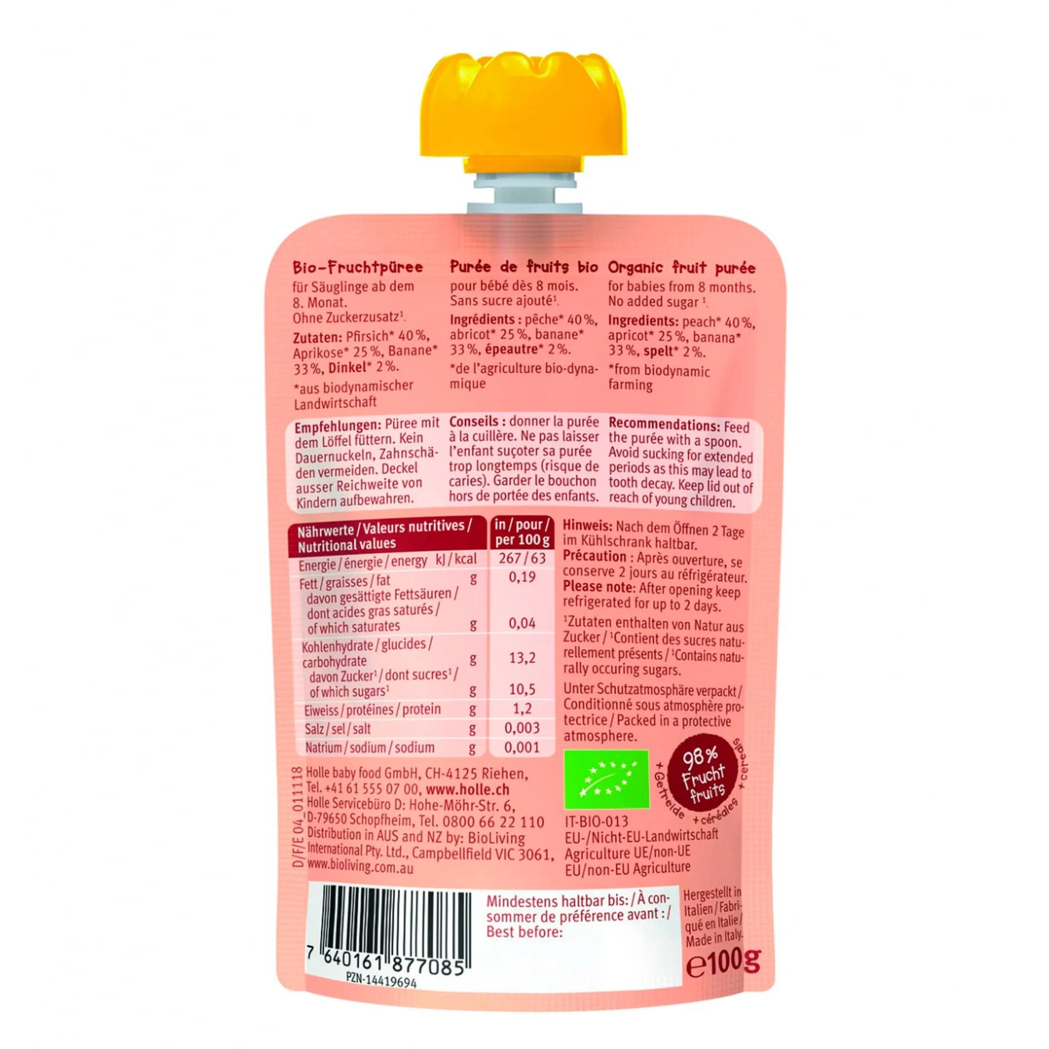 Holle Purée Bio - Panda Peach - Pêche, Apricot, Banane avec Épeautre (À partir de 8 mois)