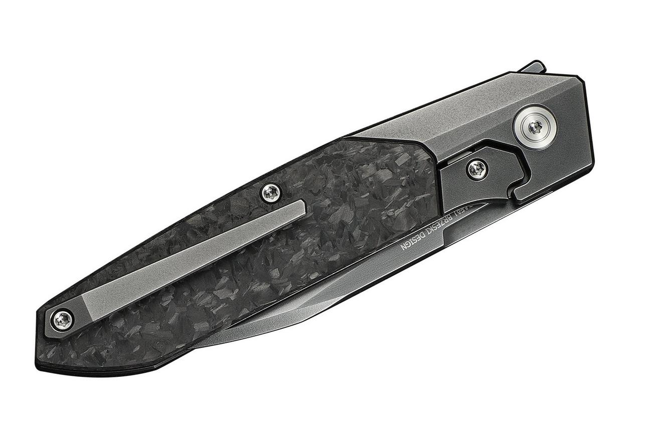 WE Knife Brr15 WE24007-3 Polished Grey M390, Titanium Shredded Carbon Inlay, zakmes, Rafal Brzeski design