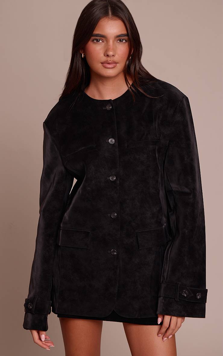 Noir Veste En Synthétique Sans Col Avec Détails De Boutons