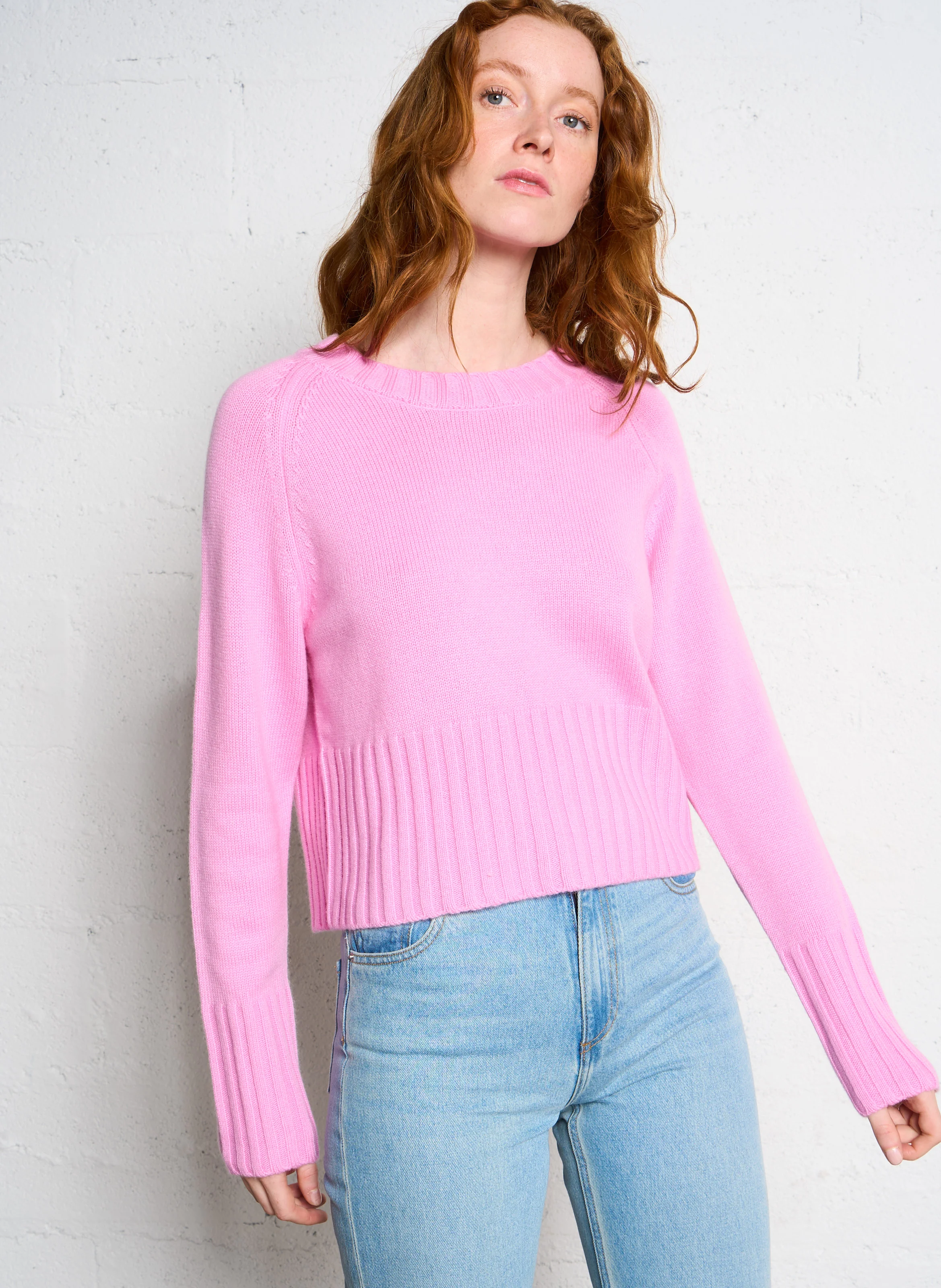 AMINI - Pull col rond en laine mélangée| Rose